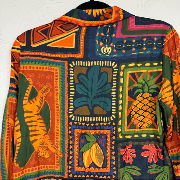 Rachel Zoe Colorful Tropical Print Button Down Shirt Womens XS Bird Palm Tree - Picture 9 of 11